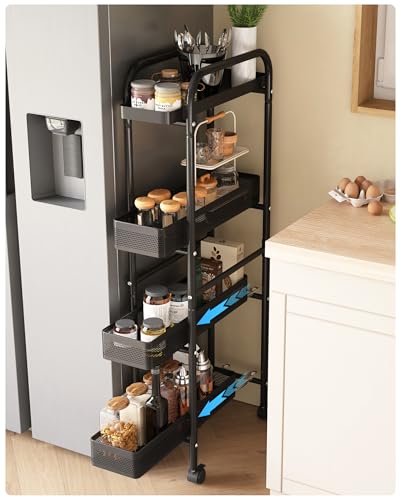 UMDONX Slim Storage Cart 4 Tier with Pull Out Basket Bathroom Organizer Rolling cart, Rolling Utility Cart Slide Out Organizer for Kitchen, Bathroom, Laundry Black - color: Black