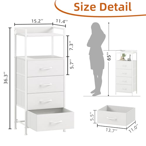 Somdot White Nightstand with 4 Drawers, Vertical Storage Tower Fabric Dresser for Bedroom, Bedside Table Furniture, Sturdy Steel Frame, Wooden Top & Easy Pull Fabric Bins - color: White Leather, size: 11.4"D x 15.2"W x 36.3"H (4 Drawers)