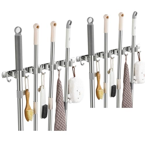2 Pack Wall Mount, Stainless Steel Broom Hanger, Heavy Duty Mop and Broom Holder Tool Racks Utility Hooks for Laundry Room Garden Garage, Grey (4 Racks and 5 Hooks) - color: Gray, size: 2Pack 4R5H
