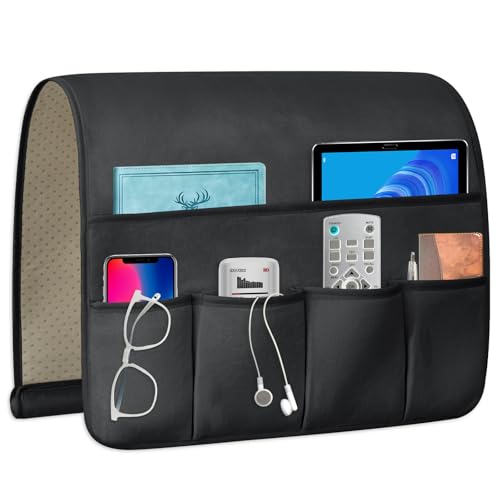 TV Remote Control Holder Couch Caddy, Non-slip Bedside Caddy Organizer with 5 Pockets for Key Glasses Phone Magazine Holders (Black, 35''x18'') - color: Black, size: 35''x18''