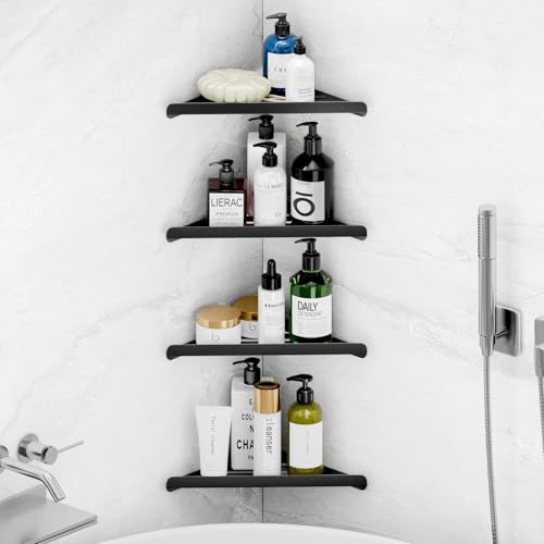 Fikoksol Shower Caddy, 4 Pack Bathroom Corner Shelf, Triangle Shelf Storage for Bathroom Shower, Black Metal Shower Shelf & Rustproof Wall Mounted Adheisve Shower Organizer Accessories and Essentials - color: Black, 4pc