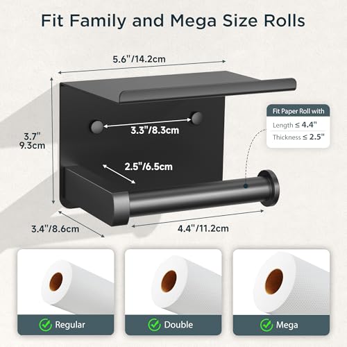 FORIOUS Toilet Paper Holder with Shelf, Adhesive or Screw Wall Mount Toilet Paper Roll Holder for Bathroom, SUS 304 Stainless Steel Commercial Toilet Tissue Holder with Storage Dispenser, Matte Black - color: Matte Black