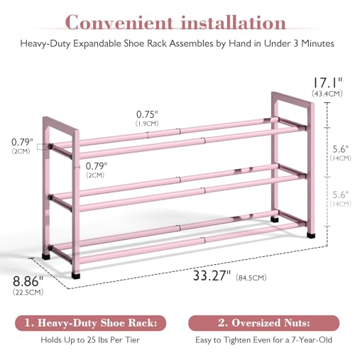 Bumusty 3-Tier Expandable Shoe Rack for Closet, 18“-33” Adjustable Shoe Rack for Small Space, Small Shoe Organizer for Front Door, Sturdy Metal, Pink - color: Pink, size: 3-Tier