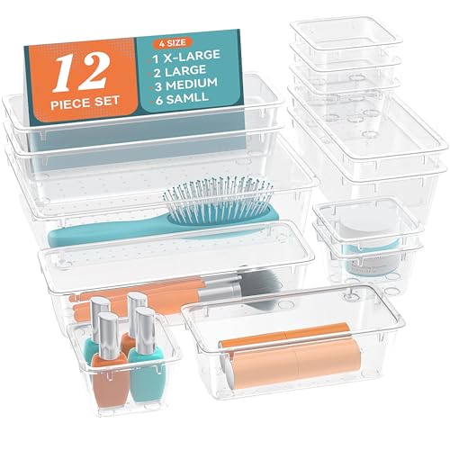 ElegantArray 12 PCS Drawer Organizer Set, 4 Sizes Tool Storage Trays, Clear Plastic Makeup Vanity Organizer and Storage Bins for Makeup, Stationeries, Multiple Gadgets for Bathroom, Office, Bedroom - color: Milky, size: 12 PCS