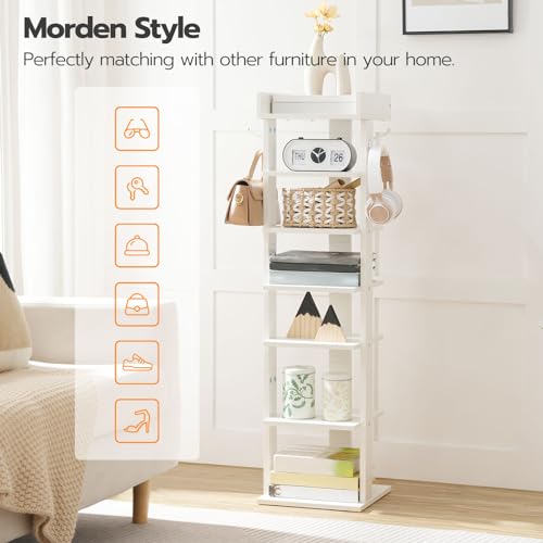 HOOBRO Vertical Shoe Rack for Front Door Entryway, 7 Tier Wooden Shoe Storage Organizer with Hooks, Narrow Shoe Tower for 7 Pairs, Space Saving, for Corner, Closet, Bedroom, White WT61XJ01 - color: White
