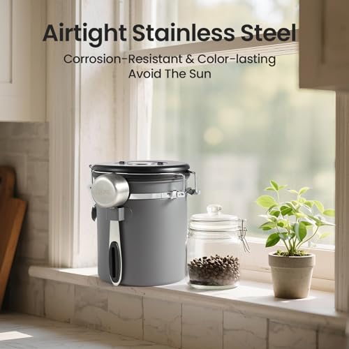 Veken Coffee Canister, Airtight Stainless Steel Kitchen Food Storage Container with Date Tracker and Scoop for Beans, Grounds, Tea, Flour, Cereal, Sugar, 16OZ, Gray - color: Gray, size: 16 oz