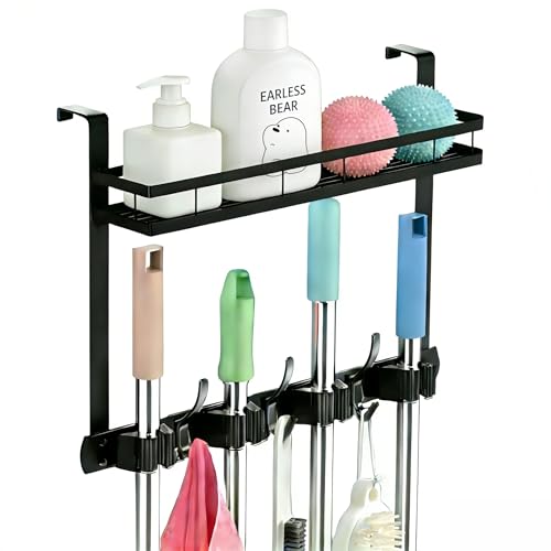 Broom Holder Over The Door Over Door Broom and Mop Rack Over The Door Hooks Organizer With4 Slots & 3 Hooks 1 Storage Basket For Laundry Room, Garage, Closet, Kitchen Decor (black) - color: black