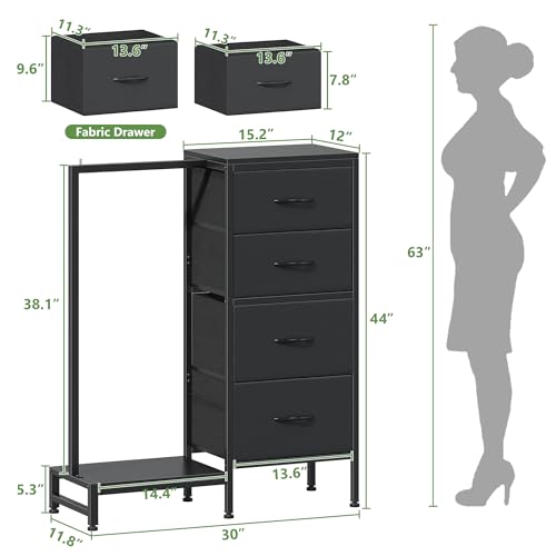 HIGDBFE Dresser with Hanging Rack, 4 Drawers Small Closet for Bedroom, Reversible Fabric Kids Chest of Drawers with Clothes Rack, Tall Storage Tower, Sturdy Frame, Black, 44''H - color: Black