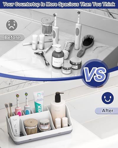 Bathroom Counter Organizer and Storage, 7 Slots Detachable Toothbrush Holders for Bathrooms, Anti-Slip Electric Toothbrush and Toothpaste Holder Countertop Vanity Organizer Accessories for Adults Kids - color: Whitegrey 2 Pack