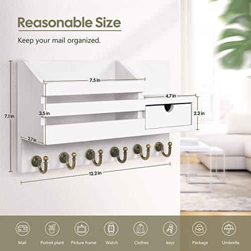 FifthQuarter Key Holder Wall Mount: Key and Mail Holder for Wall with 6 Hooks and Storage Drawer, Easy Installation Key Rack for Entryway Home Decor (A-White) - color: A-White