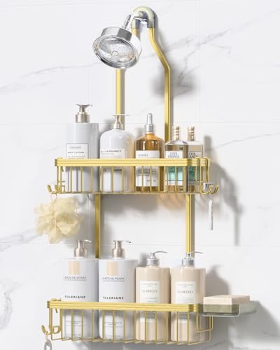 YASONIC Shower Caddy Hanging, Never Rust Shower Organizer Hanging, Aluminum Shower Racks for Inside Shower with Hooks for Razor, Bathroom Organizers and Storage with Soap Holder, Gold - color: Gold