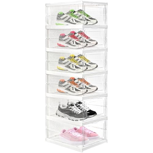 Hedume 6 Pack Clear Shoe Boxes Stackable, Drop Front Shoe Storage Box, No Assembly Plastic Shoe Organizer Storage Bin with Door, Free Standing Shoe Shelf Cabinet with Lid for Size 13, 13.6"x10"x7.9"