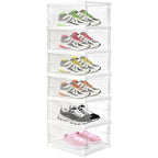 Hedume 6 Pack Clear Shoe Boxes Stackable, Drop Front Shoe Storage Box, No Assembly Plastic Shoe Organizer Storage Bin with Door, Free Standing Shoe Shelf Cabinet with Lid for Size 13, 13.6"x10"x7.9"
