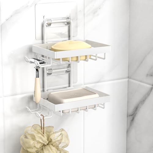 Moforoco White Double Soap Bar Holder for Shower, No Drilling, 304 Rustproof Stainless Steel, Wall Mounted Soap Holder with 4 Hooks and Razor Holder, Shower Rack Soap Tray Bar Soap for Bathroom - color: White, size: 2-T