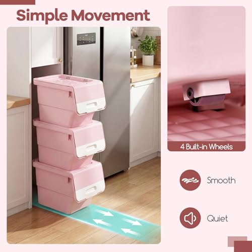 Giantex Plastic Stackable Storage Bins with Lids & Wheels, 6 Pack Open Front Stacking Bins, Organizer Bins for Pantry, Kitchen, Laundry, Closet, Playroom, Bedroom Organization （12.5 QT） - color: White + Pink, size: 6 Pack, 12.5 QT