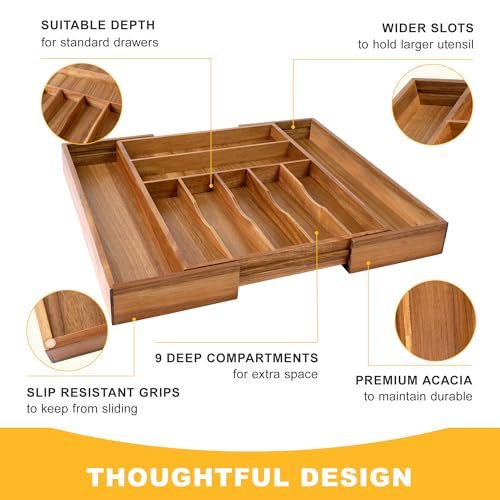 Large Premium Acacia Silverware Organizer - Expandable Drawer Organizer & Utensil Organizer - 17"x19.7" Cutlery Tray with Dividers for Kitchen Utensils and Flatware (7-9 Slots) Acacia - color: Acacia, size: 9 Slots Expandable