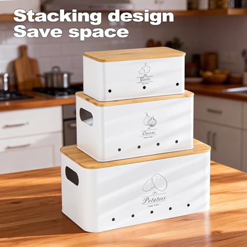 Metal Potato Onion and Garlic Storage Tin Set of 3, White Kitchen Vegetable Canisters with Bamboo Lid and Aerating Holes, Stackable Kitchen Keeper Storage for Countertop Pantry - color: A - White Vegetable Canisters