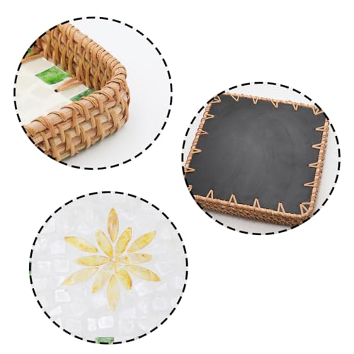 Rattan Serving Tray with Mother of Pearl Inlay, Square Handmade Woven Storage Basket Decorative Tray for Home Decor, 8.3"x8.3" - color: Green Grid Yellow Leaves, size: 8.3" x 8.3" x 1.6"