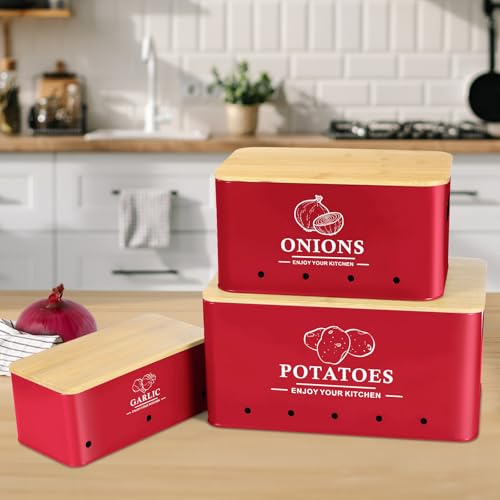 Kitchen Vegetable Storage Set of 3, Metal Onion Garlic Potato Storage Set, Kitchen Canisters Vegetable Keeper Containers with Aerating Holes and Wooden Lid (Red) - color: Red