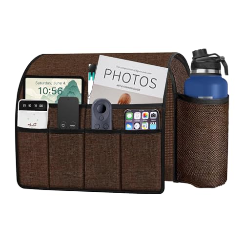 Ntomtuex Sofa Armchair Caddy Remote Control Holder with Water Bottle for Couch Recliner, Armrest Organizer with 7-Pocket Design for Magazines, Eyeglasses, iPad, Phone, Coffee - color: Coffee