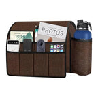 Ntomtuex Sofa Armchair Caddy Remote Control Holder with Water Bottle for Couch Recliner, Armrest Organizer with 7-Pocket Design for Magazines, Eyeglasses, iPad, Phone, Coffee - color: Coffee
