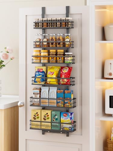 Delamu Over the Door Pantry Organizer, 6 Tier Pantry Door Organizer with Adjustable Basket, Door Spice Rack Seasoning Organizer, Metal Hanging Pantry Organizers and Storage for Kitchen,15.3" Black - color: Black, size: 6 Tier-M