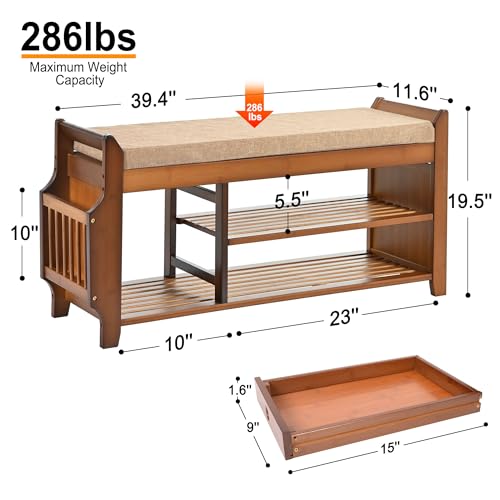 PETKABOO Shoe Bench with Hidden Drawer and Side Holder, 2 Tier Entryway Bench with Storage 39.4 in, Bamboo Shoe Rack with Cushion for Entryway Hallway Living Room Bedroom - size: 39.4 in