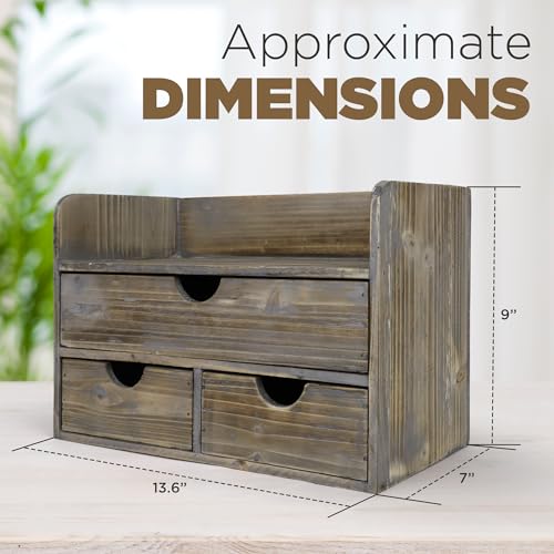 Besti Wooden Office Desk Organizer - Organizing Tool for Desktop, Cubicle, Bedroom, Kitchen - Vintage Style Organization Caddy with Top Tray Shelf & 3 Drawers - 13.6x9x7 Inches (Rustic) - color: Rustic