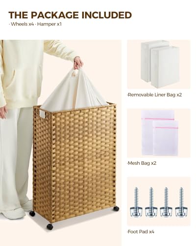Greenstell Laundry Hamper with Wheels & Handles, 26.4 Gallon (100L) Slim Laundry Basket with 2 Removable Liner Bags & 2 Mesh Bags, Foldable Narrow Clothes Hamper for Bedroom, Bathroom, Closet, Natural - color: Natural, size: 100L (21.7 x 9.8 x 30.7 inches