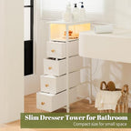 Yoobure LED Narrow Nightstand with Charging Station - Slim Dresser for Bedroom Narrow Side Table Storage Cabinet, Small Dressers Chest of Drawers, Tall Night Stand End Table for Small Spaces, White - color: White