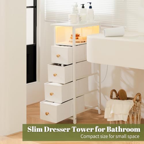 Yoobure LED Narrow Nightstand with Charging Station - Slim Dresser for Bedroom Narrow Side Table Storage Cabinet, Small Dressers Chest of Drawers, Tall Night Stand End Table for Small Spaces, White - color: White