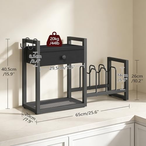 MAHANCRIS Countertop Shelf Organizer, Pots and Pans Organizer Rack, Pot Lid Holder with 1 Drawer, Pot Lid Organizer Holder with 2 Hooks, for Kitchen, Dining Room, Black POBK2201 - color: Black