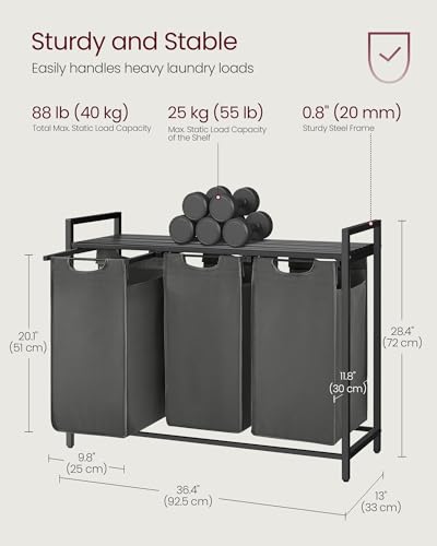 VASAGLE Laundry Hamper, Laundry Basket, Laundry Sorter with 3 Pull-Out and Removable Bags, Shelf, Metal Frame, 3 x 10.6 Gallons (40 L), 36.4 x 13 x 28.4 Inches, Slate Gray and Charcoal Gray UBLH301G01 - color: Slate Gray + Charcoal Gray, size: 3 Bags - 12