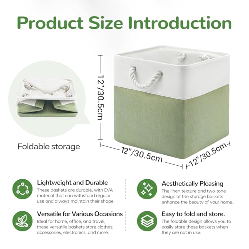12 x 12 Inch Cube Storage Bins, 4 Pack Fabric Storage Basket with Handles, Foldable Boxes Organizer for Shelf Baskets for Home, Clothes (White/Green) - color: WhiteGreen, size: 12inX12inX12in-4P