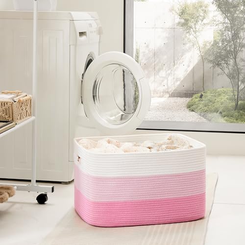 Artfeel Blanket Basket,Rectangle Woven Baskets for Storage,30L Laundry Basket for Decorative Nursery Blanket,Toys,Dirty Clothes and Magazine in Shelves,Baby Room,and Living Room - color: Pink, size: 30L