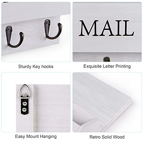 DLQuarts Mail Organizer with Key Holder for Wall Decorative Mail Sorter Wall Mounted, Wooden Mail Holder with 3 Hooks, White - color: White