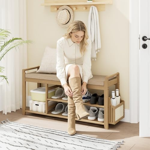 Homaxy 2-Tier Shoe Rack Bench with Side Holder, 39.4 in Bamboo Entryway Bench, Shoe Rack Organizer with Cushion for Front Entrance, Hallway Living Room Bedroom, Walnut and Light Brown - color: Walnut and Light Brown, size: 39.4 in