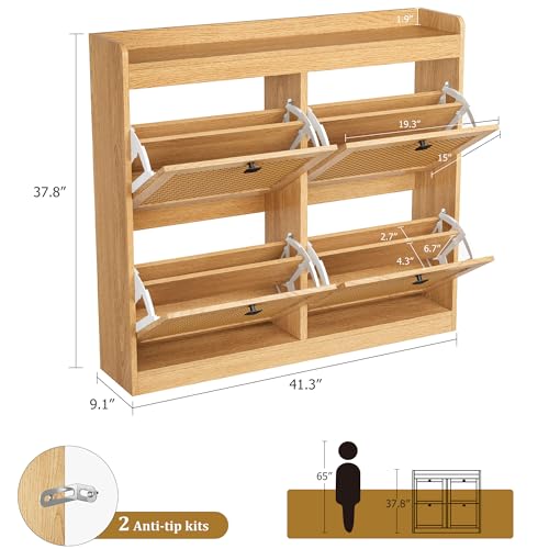 GarveeHome Shoe Cabinet Rattan with 4 Flip Drawers, Wooden Freestanding Shoe Organizer with Adjustable Shelves, Shoe Storage for Entryway, Closet, Hallway - color: Light Oak, size: 4-Drawers