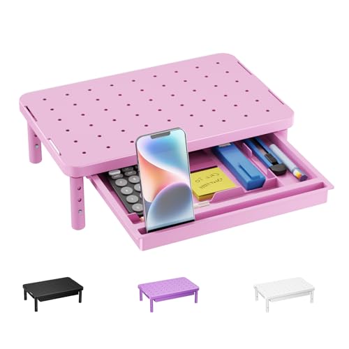 WALI Computer Monitor Stand with Storage, Desk Monitor Riser 3 Height Adjustable, Laptop Riser with Airflow Vents, Desk Organizer for Computer, Laptop, Printer (PTT002-P), 1 Pack, Pink - color: Pink, size: with Drawer