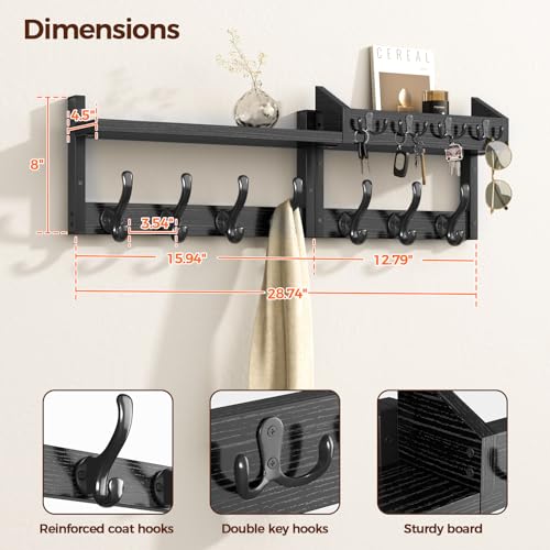 Evermagin 29" Coat Rack Wall Mount with Shelf, 4 in 1 Coat and Key Hanger with 11 Metal Hooks, Entryway Wall Mounted Shelf with Mail Holder for Living Room, Bedroom, Black - color: Black, size: 29 inch