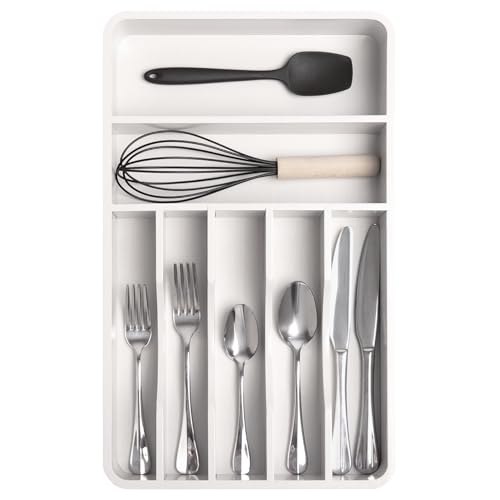 KitchenEdge Silverware Organizer - Cutlery, Flatware, and Utensil Holder for Kitchen Drawers, Fixed 10.5” Width, 7 Storage Compartments, Non-Slip Feet, Rounded Corners, 100% Bamboo, White Finish - color: White Bamboo