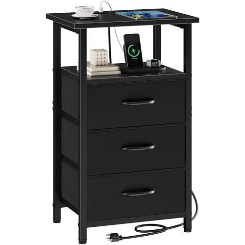 Vagusicc Nightstand with Charging Station, Bedside Table with USB Ports and Outlet, End Table Side Table with 3 Fabric Drawers and Storage Shelf, Bed Side Table Black Night Stand for Bedroom, Black - color: Black, size: 1 Piece, style: Ordinary