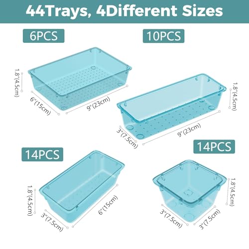 WOWBOX 44 PCS Clear Plastic Drawer Organizer Set, 6 Varied Size storage Bins and Desk Drawer Organizer Trays for Makeup, Gadgets, Jewelry and Utensils in Bathroom, Bedroom and Office, Clear Sea Blue - color: Sea Blue