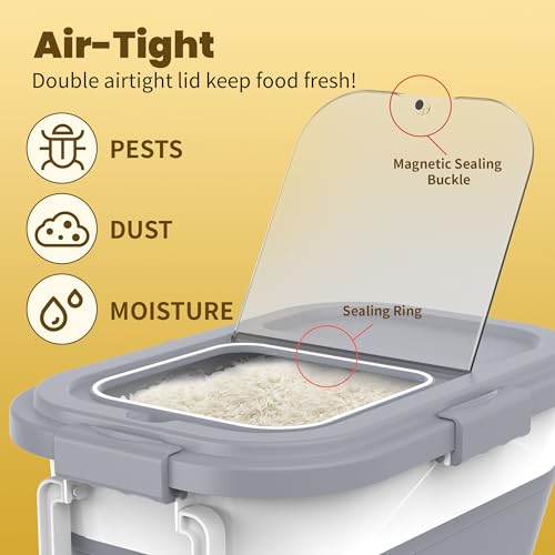 HOYTAMDA 25-35Lbs Rice Container,Collapsible Airtight Food Storage Containers with Wheels,Handle,Rice Storage Container with Small Bin and Scoop,Rice Dispenser for Flour Sugar Cereal Grain Dog Cat - color: Grey/25-35lbs