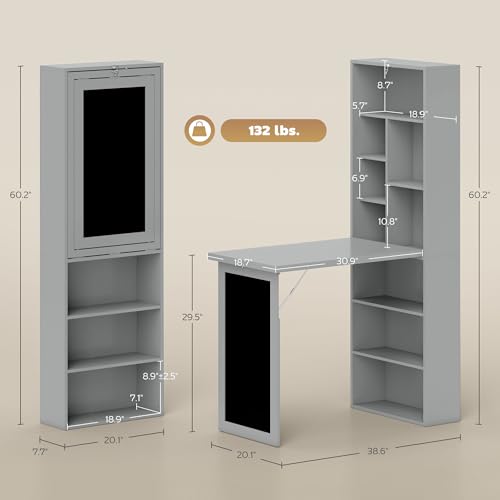 Foldable Wall Mounted Desk with Storage Shelves, Fold Out Convertible Computer Table with Blackboard, Folding Writing Table Workstation for Small Spaces,Home Office (Grey) - color: Grey