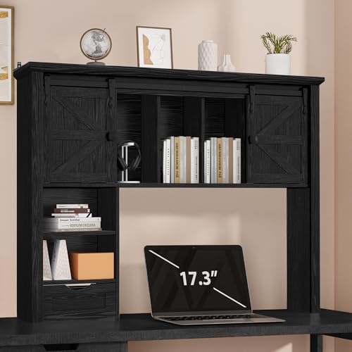 Large Desktop Bookshelf with Sliding Barn Door, 47.2''W Desk Shelf Display Rack, Desktop Organizer Storage Rack with 7 Cubbies and Drawer, Home, Desk Shelf for Office, Dorm, Vanity, Black - color: Black, size: 47.2''W