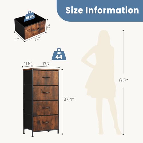 DUMOS Nightstand with 4 Drawers Bedside Table with Removable Fabric Bins Sturdy Steel Frame Wood Top Organizer Furniture for Bedroom Closet Living Room - color: Brown, size: 11.8"D x 17.7"W x 37.4"H (4 Drawers)