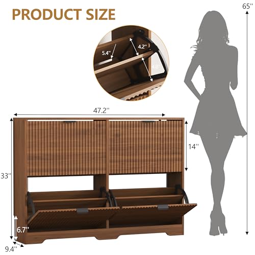 Shoe Cabinet Storage for Entryway with 4 Flip Drawers, Walnut Fluted Shoe Cabinet with Adjustable Shelves, Wooden Hidden Shoe Rack Freestanding Narrow Slim Shoes Storage for Hallway, Entrance - color: Walnut, size: 4 Drawer