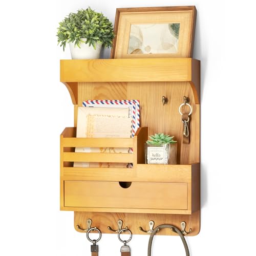 Modern Farmhouse Key Holder Wall Mount with Drawer Organizer – Pine Wooden Mail and Key Organizer with 6 Durable Hooks & Floating Wall Shelf – Ideal for Brightening Up Your Home Decor (Light Brown) - color: Light Brown, style: Large Drawer