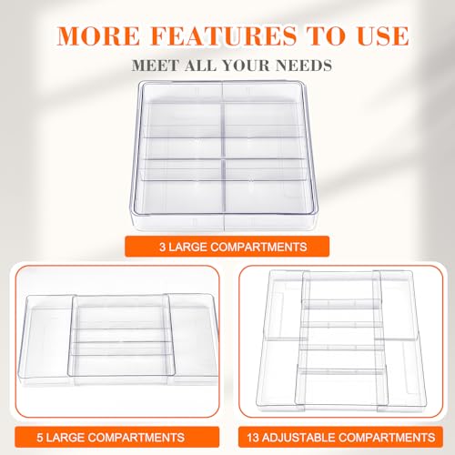 Briwooody 2 Pcs Large Expandable Acrylic Drawer Organizers, Grid Adjustable Drawer, Dividers Organizer for Desk, Makeup, Jewelry, Office, Kitchen Supplies (Clear,15 Compartments) - color: Clear, size: 15 Compartments
